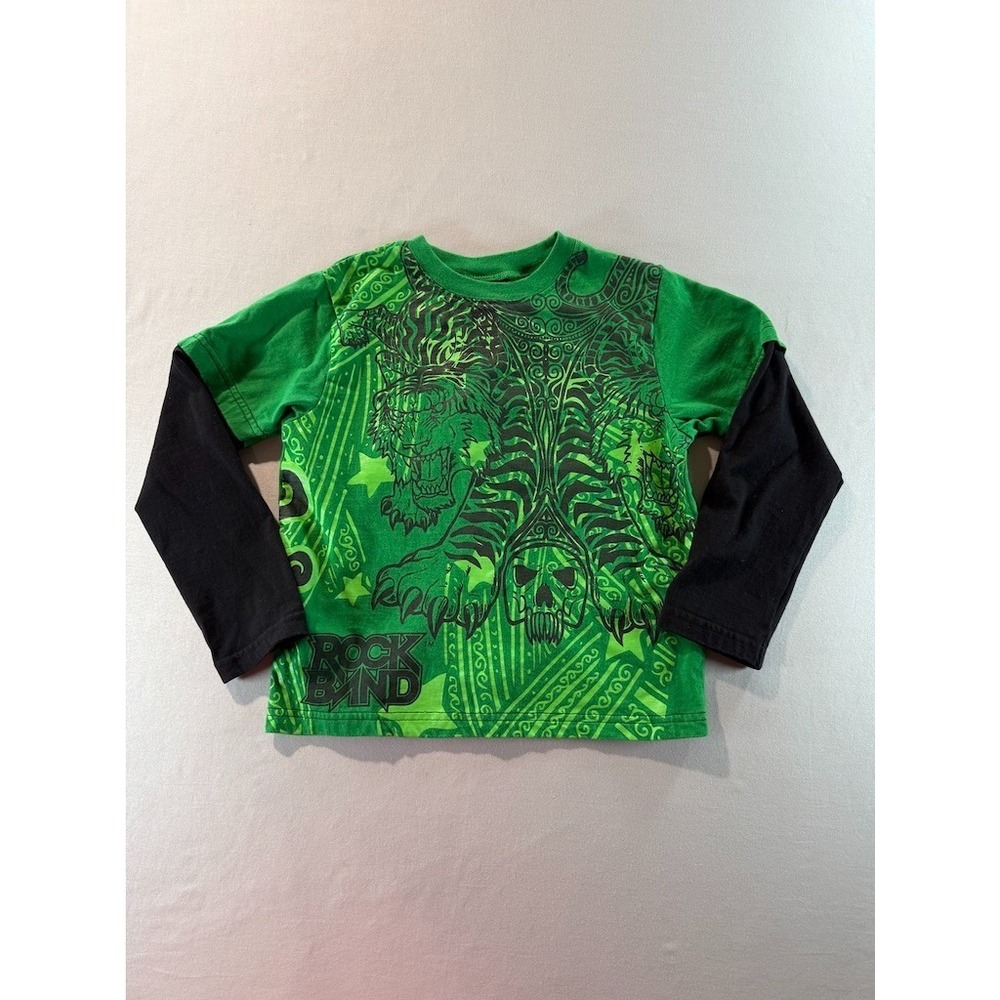 2009 Rock Band Tiger Skull Shirt Kids M Green Graphic Layered Long Sleeve‎